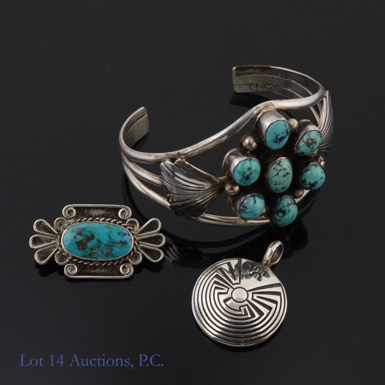 Native American Sterling Silver, Turquoise Jewelry: Three pieces of unmarked, unsigned Native American style sterling silver and turquoise jewelry. (Note: Pin is missing retention ring for clasp). 1.5ozt (46.5g) total weight.