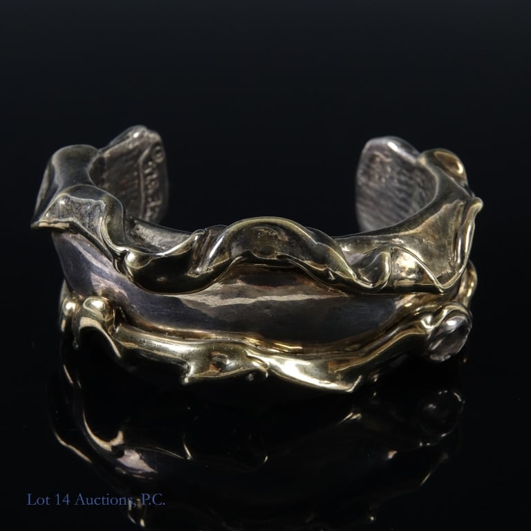 Joseph Lambert Eustace Sterling Cuff Bracelet: Modernist sterling silver cuff bracelet by artist Joseph Lambert Eustace. Signed on the inside "925" and "JE". Total weight of piece is approximately 39.4g.