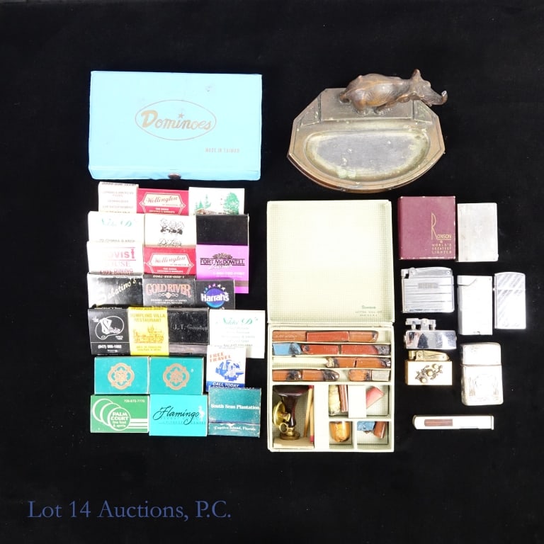 Lighters, Sterling Matchbox Case, Matches, Ashtray: Monogrammed sterling silver matchbox case, 0.7ozt ****** Twenty two (22) various advertising matchbooks ****** Seven (7) various vintage lighters - Ronson, Zippo and more ****** Bronze elephant ashtra