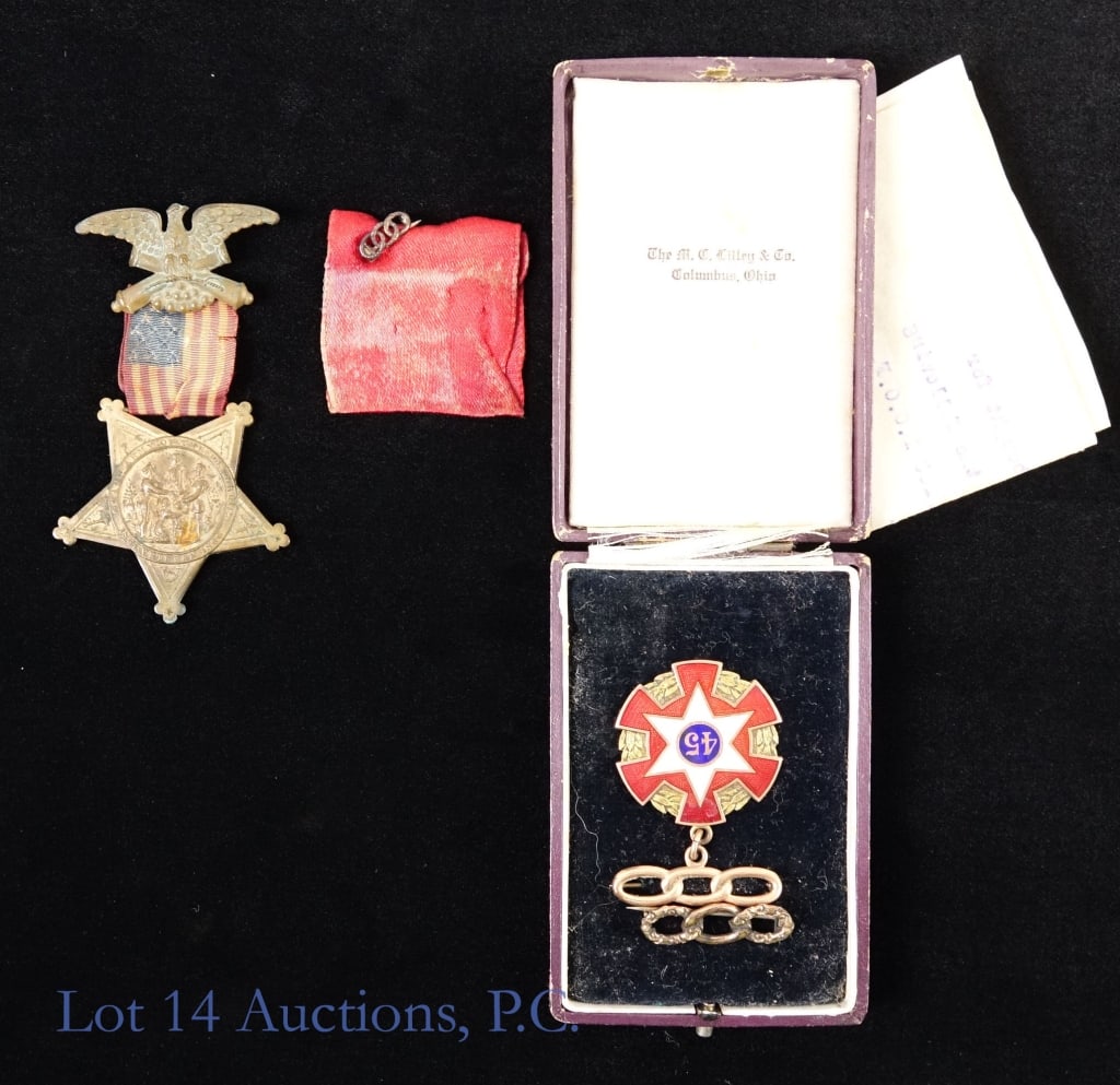 GAR Grand Army Republic & IOOF OddFellows Medals: GAR Grand Army of the Republic Veteran medal with the ribbon and red ribbon ****** IOOF Independent Order of Odd Fellows Veteran Jewel medal for 45 years of membership. Engraved on the back with lodge