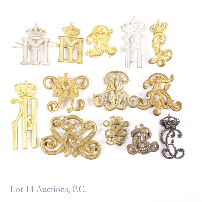 Brass Military Cyphers, German, Russian, More (13): Group of Imperial German, Russian, Yugoslavian, Serbian brass Military Cyphers, including Nicolas I. Some stamped brass, others, cast brass. May be other countries represented. 13 total.