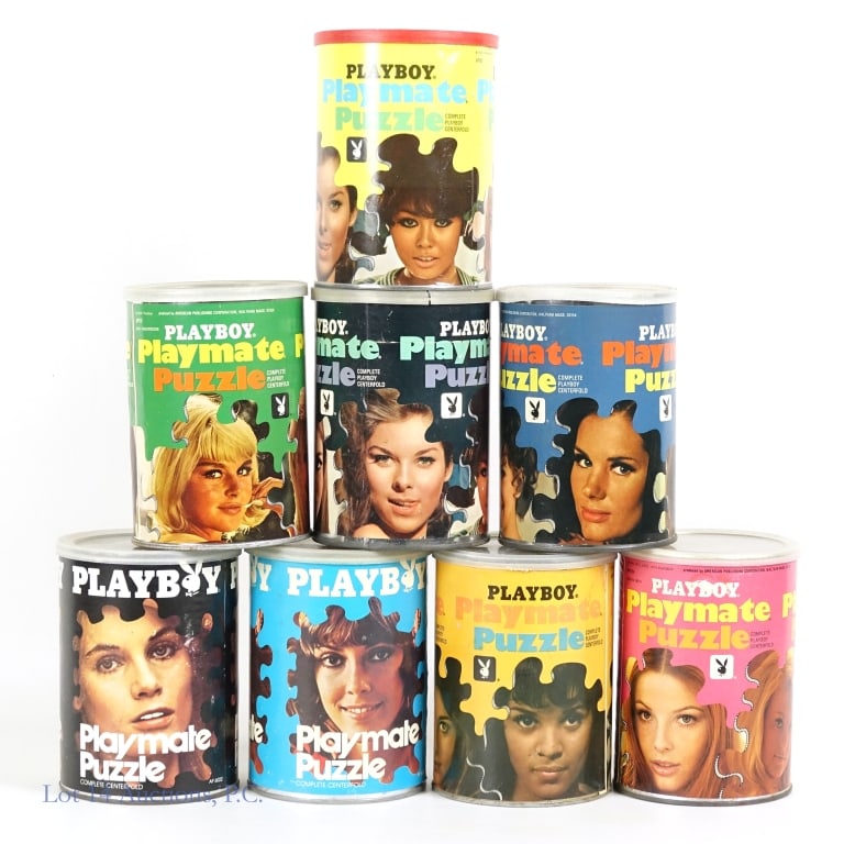 XXX Playboy Jigsaw Puzzles (8): XXX Playboy Jigsaw Puzzles (8). 18 AND OVER. MATURE CONTENT. JIGSAW PUZZLES. Collection of 8 Playboy jigsaw puzzles in containers. Unsure if complete. Wear and tear consistent with age and use. See ph