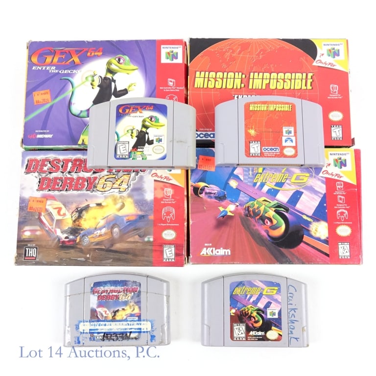 Nintendo N64 Game Cartridges In Original Boxes (4): Four (4) Nintendo N64 game cartridges in original boxes - Gex 64 Enter The Gecko (with manual), Mission: Impossible (with poster and booklet), Extreme - G (no booklet) and Destruction Derby 64 (with b