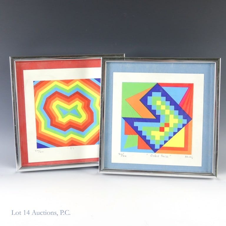 Havkaj Serigraph Pop Art Prints Sgd & #ed (2): Two serigraph prints by the artist Havkaj. The first one is titled "Cubist Thrill", numbered "316/400", and signed "Havkaj", all written in pencil across the bottom of the print. The second one is tit