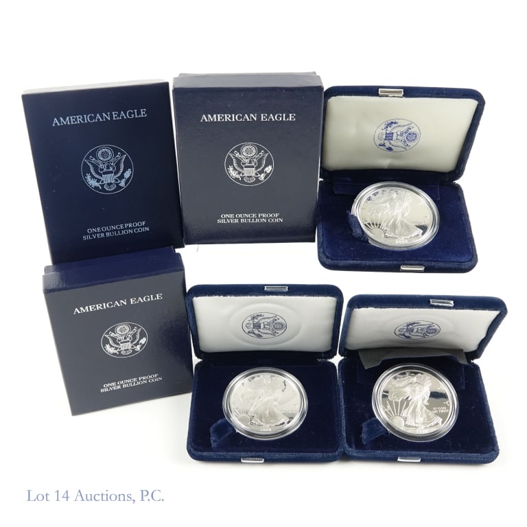 Proof American Silver Eagle $1 Bullion in OGP, 3: Three (3) proof American silver eagle dollar bullion coins (Philadelphia Mint) in OGP with COA. Obverse based on Adolph A. Weinman design. Reverse designer John Mercanti. Metal is 99.9% silver and wei