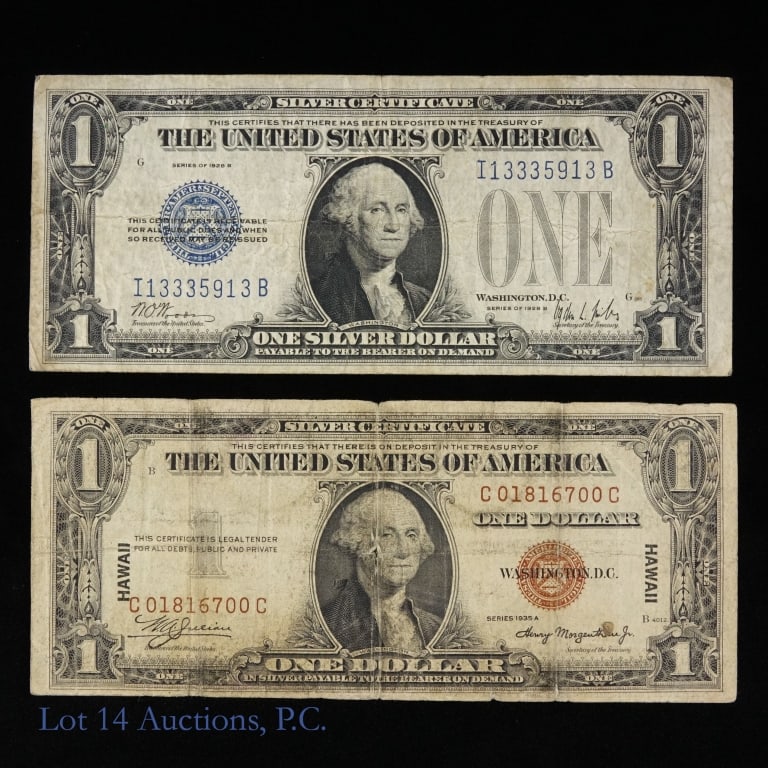 1928b Blue & 1935a Brown Seal $1 Silv Cert, 2: Two (2) United States $1 silver certificates as follows: ---(F-1602) series 1928-B $1 blue seal (Woods / Mills) s/n I-13335913-B four 3s; and ---(F-2300) series 1935-A $1 brown seal "HAWAII" (Julian /