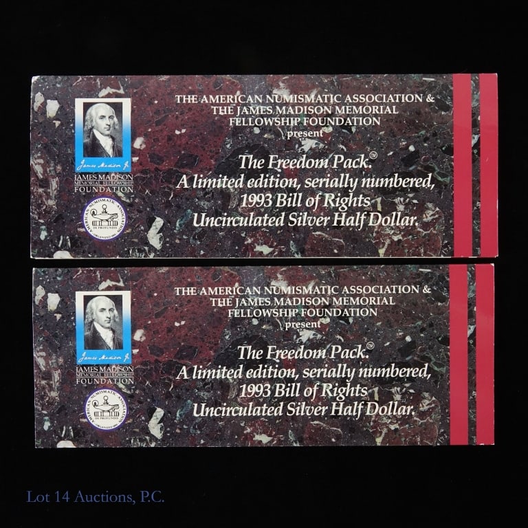 1993 USA 90%-Silver Bill of Rights Comm. 50c (2): Two (2) 1993 90%-silver James Madison Bill of Rights commemorative half dollars in ANA / JM Foundation presentation holders. Lot estimated ASW 0.7 troy ounces. *** Lot 14 Auctions is not a professiona