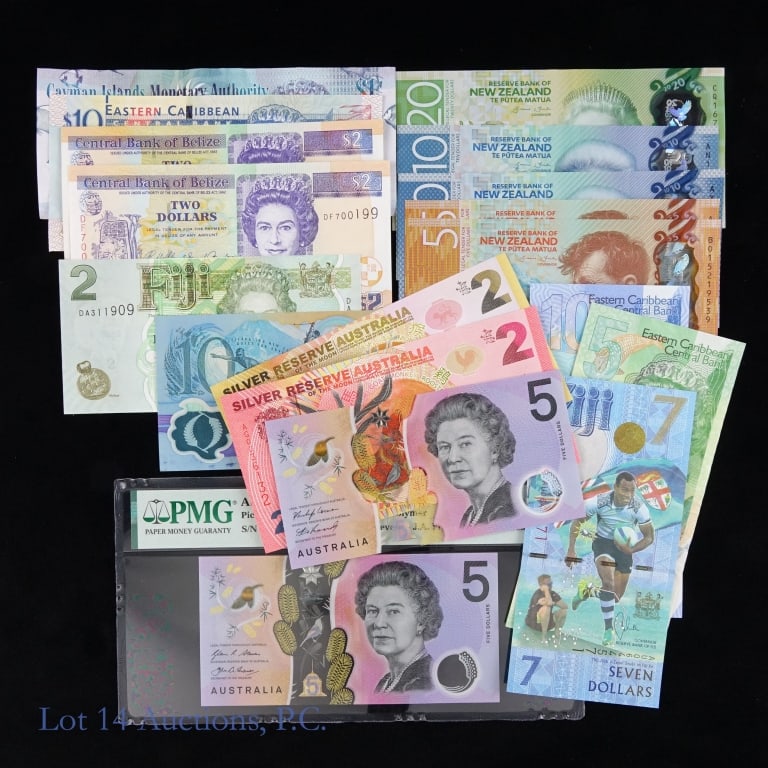 Various World Notes in (CU), 17: Seventeen (17) various colorful modern world currencies with unique themes (per consigner in CU condition) with estimated face value more than $45 USD as follows: ---Australia currencies: --2016 2 lun