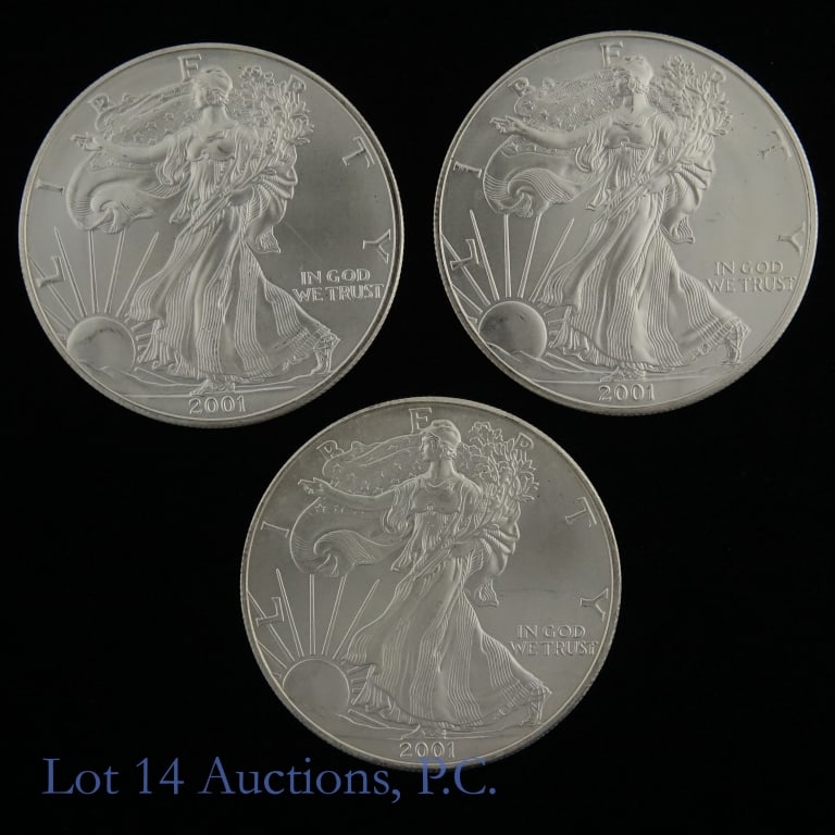 2001 (W) American Silver Eagle $1 Bullion (BU), 3: Three (3) 2001 (W) American silver eagle one dollar bullion coin (West Point Mint). Per consigner, in BU condition. Metal is 99.93% silver and weighs 31.103 grams (1 troy ounce) each. Mintage of 9,001