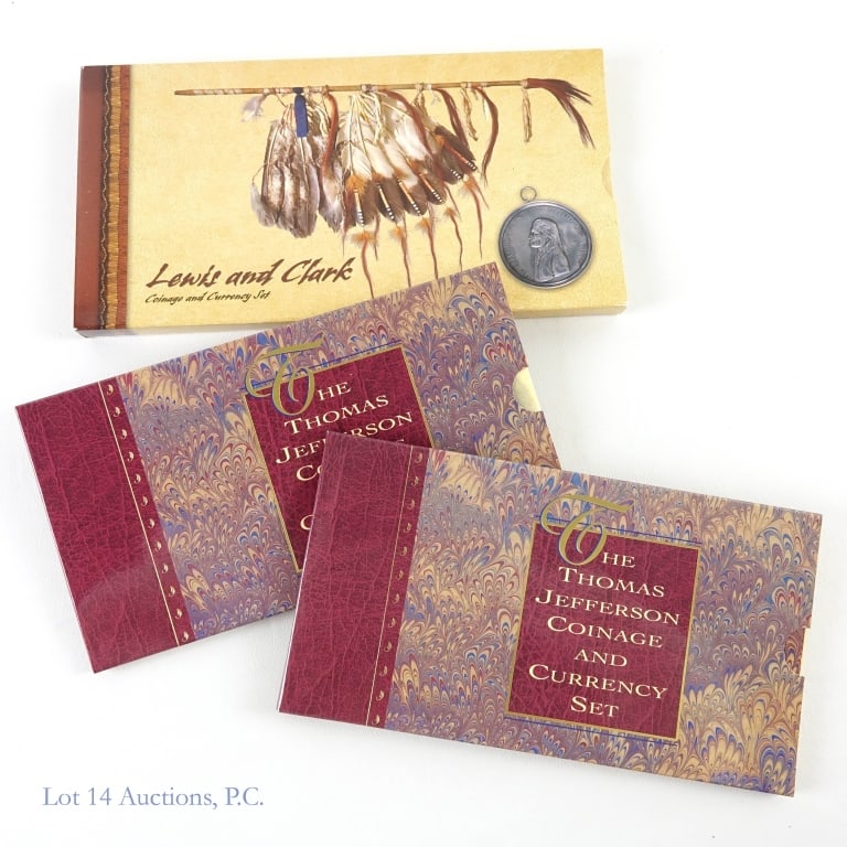 U.S. Mint 90%-Silver $1 Com. Sets (ASW 2.3 Ozt), 3: Three (3) United States Mint 90%-silver dollar commemorative sets as follows: ---Lewis and Clark Coinage and currency set in OGP w silver dollar; and ---Thomas Jefferson Coinage and currency sets (2)