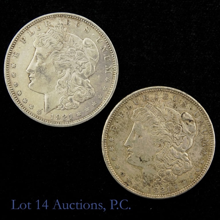 1921 & 1921-D USA 90%-Silver Morgan Dollars, 2: 1921 (P) and 1921-D United States silver Morgan dollars (Philadelphia, Denver Mints). Metal is 90% silver and weighs 26.73 grams each. Lot estimated ASW is 1.5 ozt. Silver content confirmed on Lot 14
