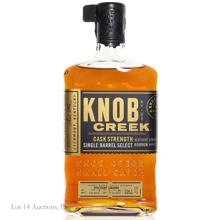 Knob Creek Cask Strength Bourbon Single Barrel: Knob Creek "Discount Liquors" Cask Strength Bourbon Single Barrel Selection, 120.1 Proof, 750ml. Barreled 9-9-2015. Bottled 7-18-2025.