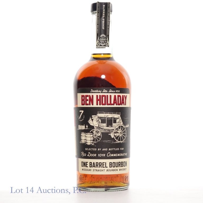 Ben Holladay One Barrel Bourbon: Ben Holladay One Barrel Bourbon Original Missouri straight bourbon whiskey. Selected by and bottled for Red Door 10 yr Commemorative. 750ml, 117.6 proof. Aged 7 years and 2 months.