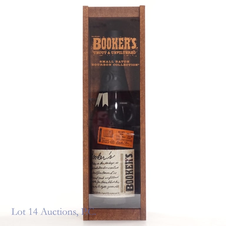 Booker's Bourbon Whiskey - Batch 2025-03: Booker's Small Batch Bourbon, Jerry's Batch, 124.7 Proof, 750 ml, Batch #2025-03, Aged: 7 Years, 4 Months, 21 Days. Wooden box included.