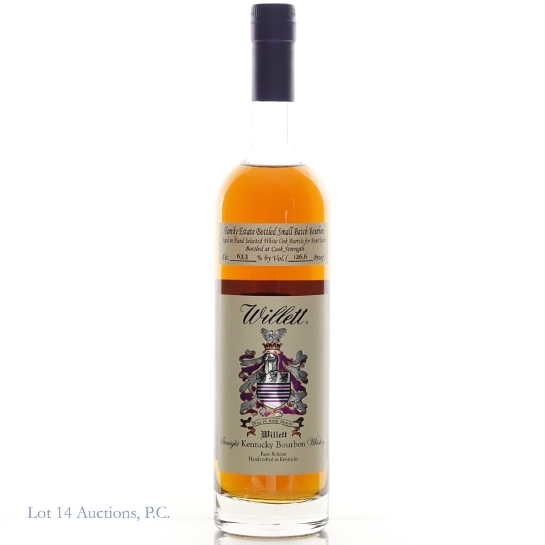 Willett Small Batch Bourbon Purple Top 126.6 Prf: Willett Family Estate Bottled Small Batch 4 Year Old Bourbon. 126.6 proof, 750ml. Straight Kentucky Bourbon, Bottled at cask strength.