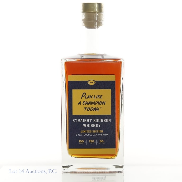 Lou Holtz's Play Like a Champion 5 Year Bourbon: Play Like a Champion Today 5 Year Limited Edition Double Oak Wheated Bourbon, 100 Proof, 750 ml, commemorating Lou Holtz's 100 victories 1986 - 1996, 2024 release.