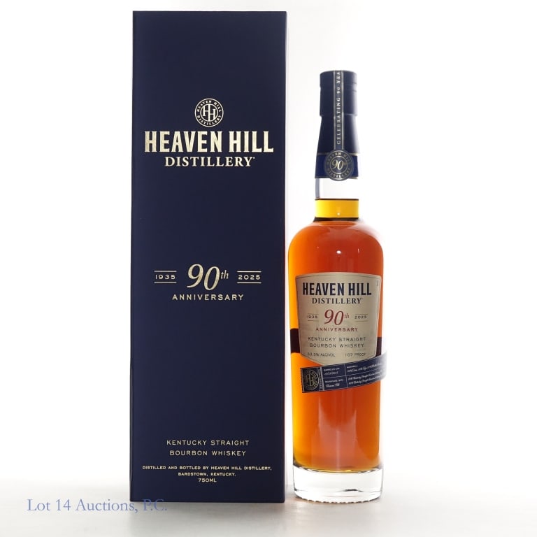 Heaven Hill 90th Anniversary Bourbon (107 Pr): Heaven Hill Distillery 90rh Anniversary 1935 - 2025 Kentucky Straight Bourbon Whiskey, 107 Proof, 750ml, Barreled on 12/13/2015, In original presentation box.
