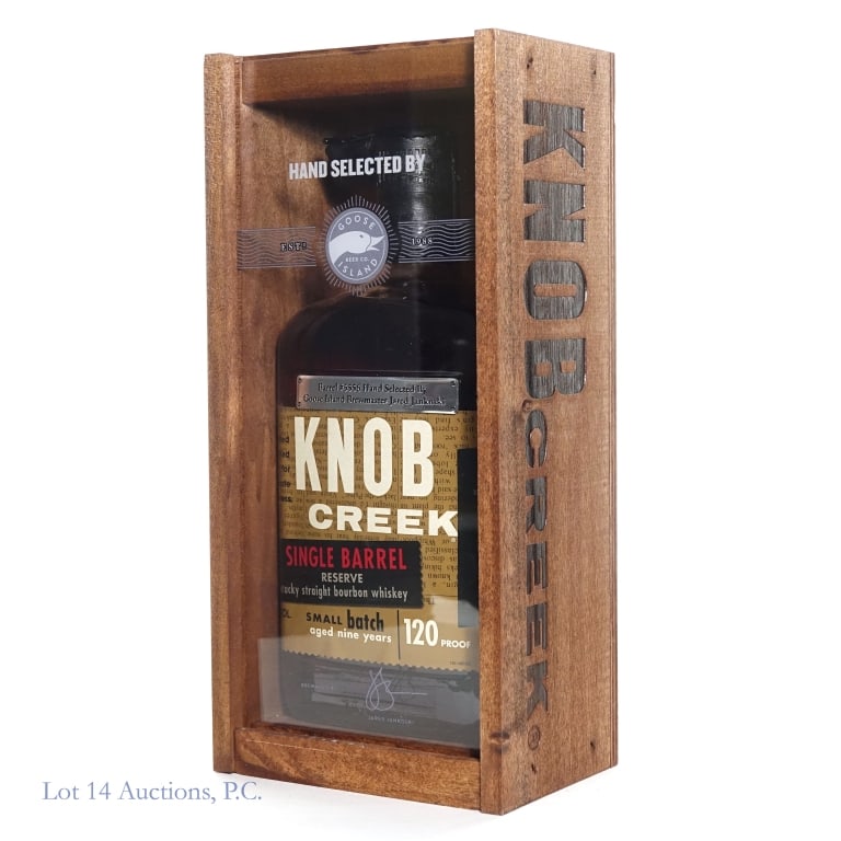 Knob Creek S.B. Reserve 12Yr Bourbon, 120 Proof: Knob Creek Single Barrel Reserve 12 year bourbon. Barreled 1/05, bottled 10/17, 120 proof, 750ml. Barrel #5556. Selected by Goose Island brewmaster Jared Jankoski. In wood box with plexi cover.