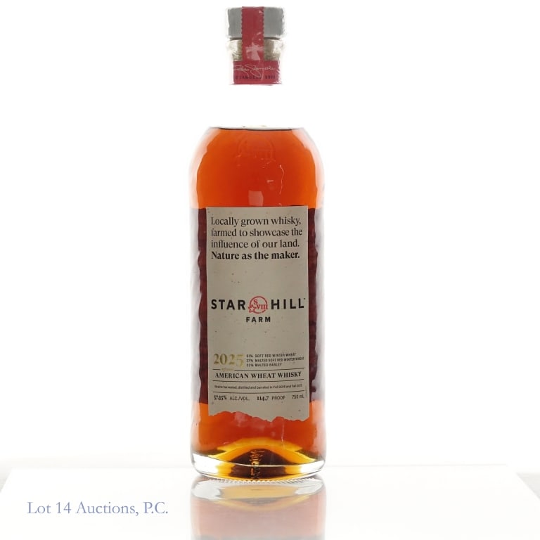 Star Hill Farm American Wheat Whisky (2025): 2025 Star Hill Farm American wheat whisky. 57.35% ABV (114.7 proof). 750 ml. Etch: L5062MMC 13799743. "Grains harvested, distilled, and barreled in Fall 2016 and Fall 2017".