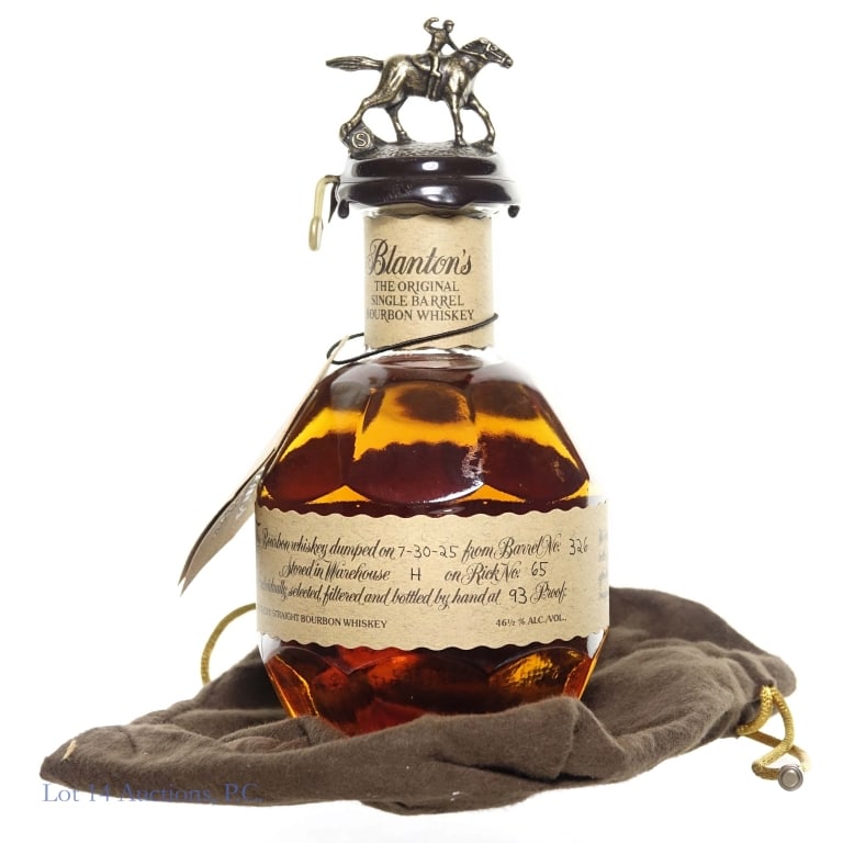 Blanton's Single Barrel 375ml Bourbon "S": 375ml bottle of Blanton's Kentucky Single Barrel Bourbon Whiskey, letter "S", 93 proof. Dumped 7-30-25, barrel no 326, bottle no 199. Neck tag and cloth bag included.