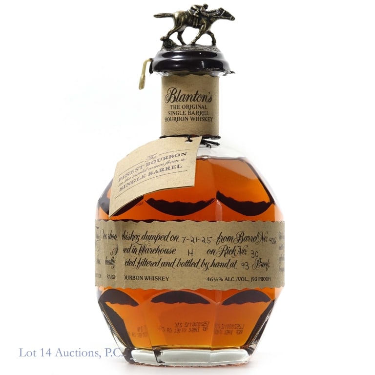 Blanton's Single Barrel Bourbon "N:": Blanton's Single Barrel Bourbon, 93 Proof, 750 ml, Letter N:, Dump Date: 07-21-25, Barrel #906, Bottle #68. Label is slightly damaged.