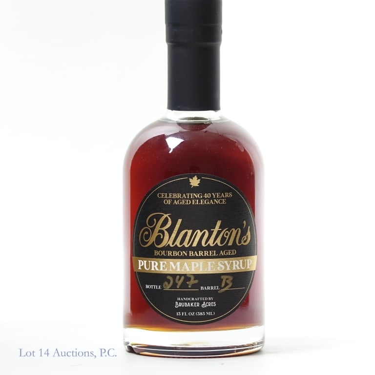 Blanton's Bourbon Barrel Aged Maple Syrup: Blanton's bourbon barrel aged maple syrup. Bottle #247, Barrel #13. 385ml. Sourced from Brubaker's Acres, Grand Rapids, MN.