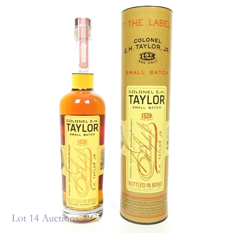 Colonel E.H. Taylor Small Batch Bourbon (2024): Colonel E.H. Taylor small batch straight Kentucky bourbon whiskey. Bottled in bond (100 proof). 750 ml. Incomplete etch: L24157 Q1 11 31D. Original canister.
