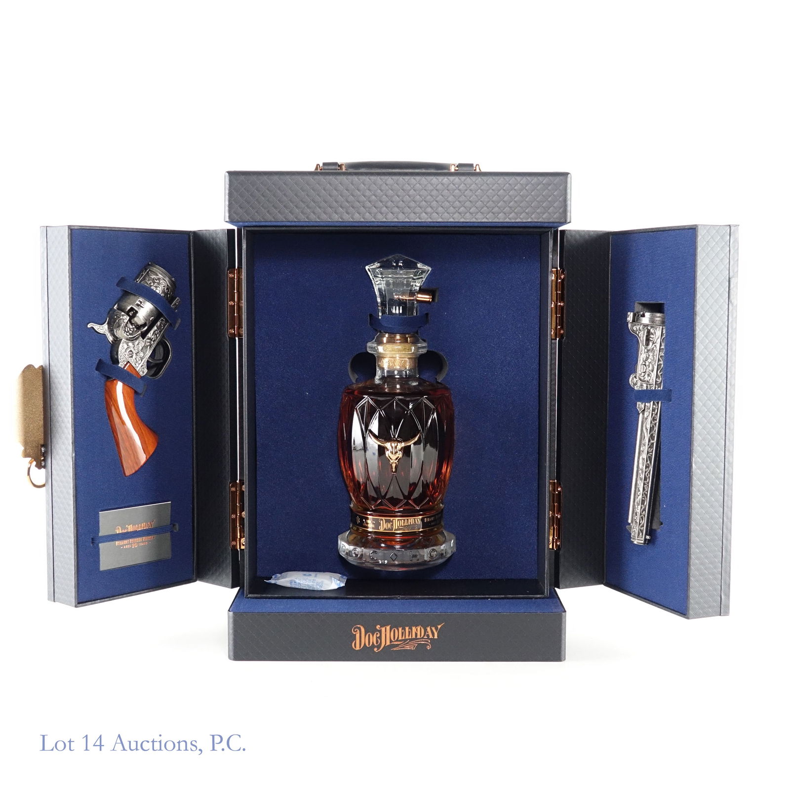 Doc Holliday 10 Year Special Edition Bourbon: Doc Holliday 10 Year Special Edition Bourbon Decanter, 96 Proof, 700 ml. Presentation case includes the crystal decanter, a revolver gun barrel piece, revolver cork handle piece and instructions.