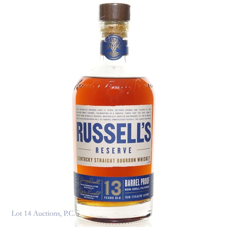 Russell's Reserve 13 Year Barrel Proof Bourbon: Russell's Reserve 13 Year Barrel Proof Bourbon (2023), 114.8 Proof, 750 ml, Laser Code: LL/LC290947, Released: 03-29-23.