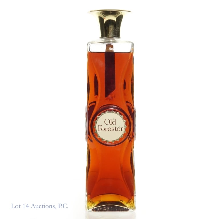 1959 Old Forester BIB 5Yr Bourbon Decanter: Old Forester Kentucky straight bourbon whiskey. Barreled Spring 1954 - Bottled Fall 1959. Bottled in bond (100 proof). 4/5 quart. Brown-Forman Distillers. Tax strip partially missing but seal is