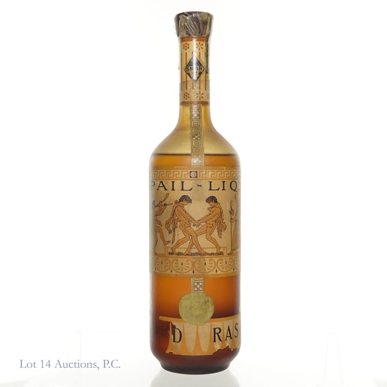 Vintage Raspail Liquor, Cuba, Pre-Revolution: Vintage Raspail Liquor, likely from the 1940s. Cuban tax strip fully intact. Portions of label indicating alcohol content and volume are missing. Estimated between 750ml and 1L. Low shoulder