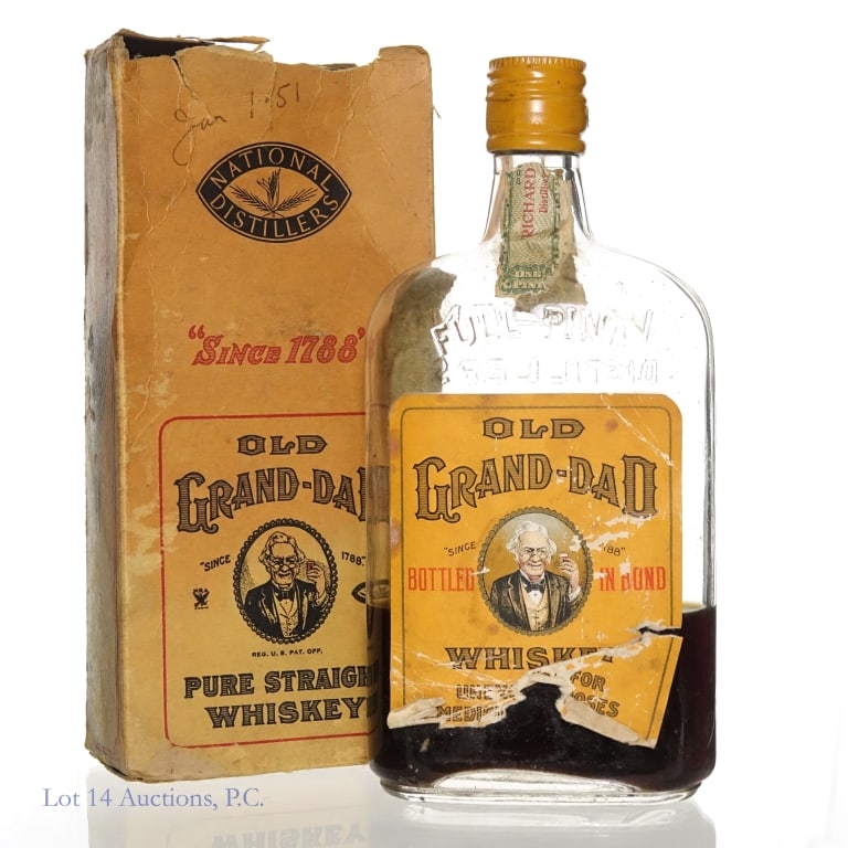 Pre-Pro 1933 Old Grand-Dad Bottled In Bond Whiskey: 1933 Old Grand-Dad Bottled In Bond Whiskey. Made Fall 1917, Bottled Fall 1933. 100 Proof, One Pint. Very low fill, approximately 2" above the bottom. Liquid is heavily oxidized. Middle