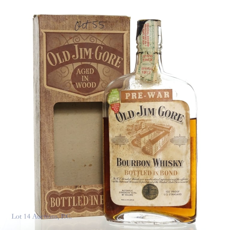 Pre-Pro 1923 Old Jim Gore Bourbon BIB: Old Jim Gore Pre War Bottle In Bond Bourbon Whisky. Made Spring 1917, Bottled Spring 1923. 100 Proof, One Pint. Fill approximately 1.5" below shoulder. Tax strip partially missing, but the