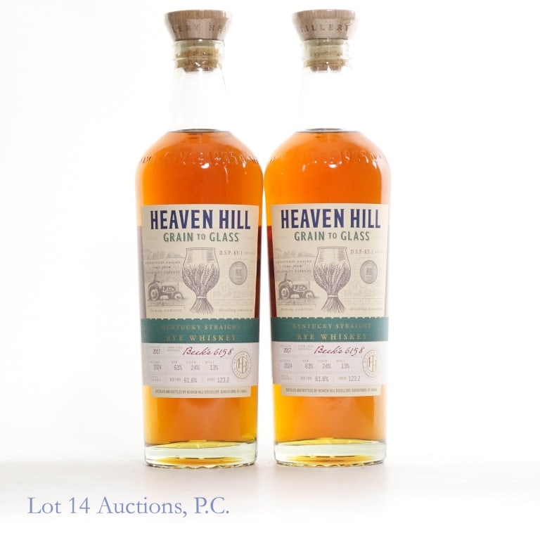 Two Bottles Heaven Hill Grain to Glass Rye (2024): Two bottles Heaven Hill Grain to Glass Rye (2024), both 123.2 Proof, 700 ml, Corn Seed Varietal: Beck's 6158, Distilled: 2017, Bottled: 2024.