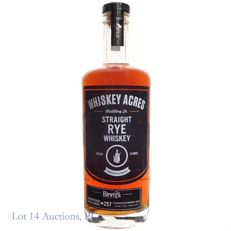 Whiskey Acres Estate Straight Rye, Binny's Pick: Whiskey Acres Distilling Co. Straight Rye Whiskey, DeKalb, Illinois Farmcrafted Whiskey. Binny's handpicked single barrel #257, 53 gallon kelvin cooperage, Char 3. Barreled 2/9/16. Aged at least