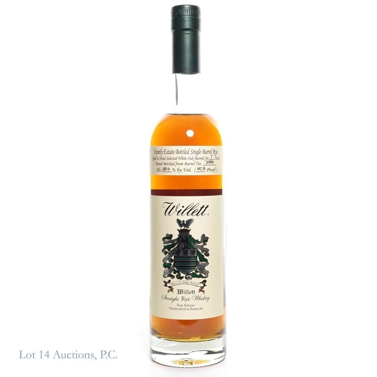 Willett Rare Release Family Est. 7 Yr. Rye Whiskey: Willett Family Estate Rare Release 7 year Kentucky Straight Rye Whiskey. Barrel No. 3980, bottle 154/182, 117.8 proof, 750ml.
