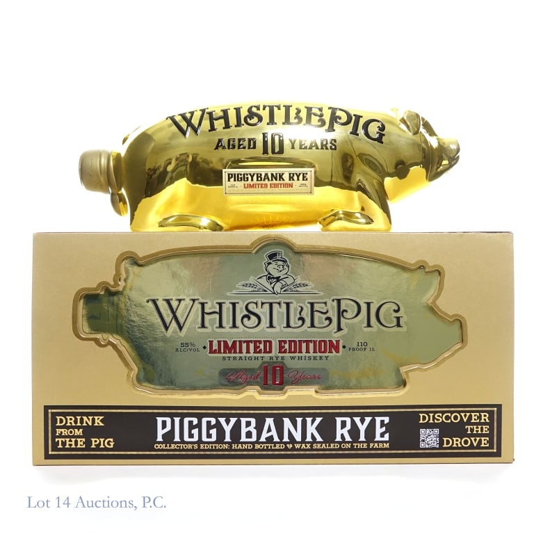 WhistlePig Gold 2024 Piggybank Rye Whiskey 10 Yr: 2024 Edition WhistlePig limited edition small batch straight rye whiskey. 10 years. 55% ABV (110 proof). 1 liter. Metallic gold piggybank decanter - charitable collector's 
