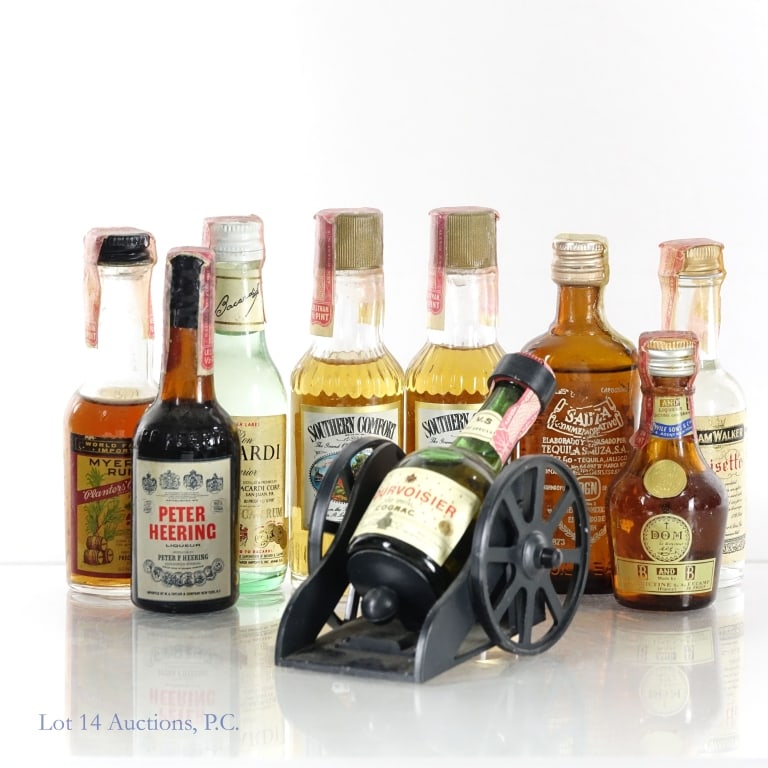 Vintage Cognac, Rum, Tequila & Liqueur Minis (9): Courvoisier VS on a cannon stand ** Myer's Rum ** Bacardi Rum ** Sauza Tequila ** Peter Heering Liqueur ** B and B DOM ** Hiram Walker Anisette ** Two (2) Southern Comfort.