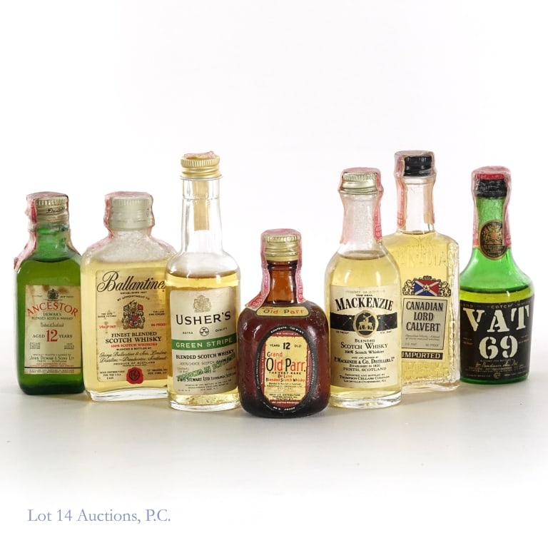 Vintage Scotch & Canadian Whisky Mini Bottles (7): Grand Old Parr 12 Year Scotch ** Ancestor Dewar's 12 Year Scotch ** Ballantine's Scotch ** VAT 69 Scotch ** The Mackenzie Scotch ** Usher's Green Street Scotch ** Canadian Lord Calvert Canadian