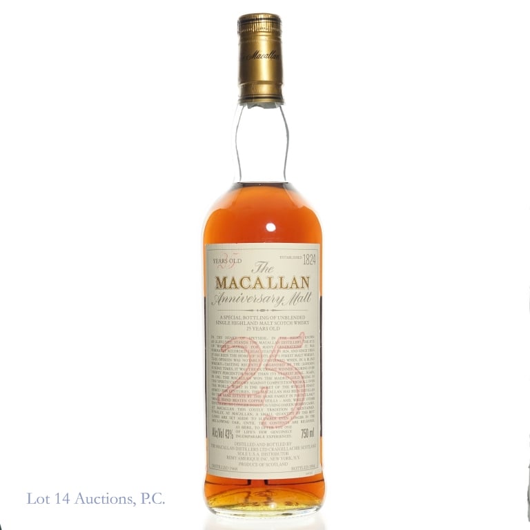 1994 Macallan Anniversary Malt 25 Year SM Scotch: 1994 The Macallan Anniversary Malt Single Highland Malt Scotch Whisky. 25 Years Old. Distilled 1968, bottled 1994. 86 Proof, 750ml. Very minor fold at the bottom right of the front label