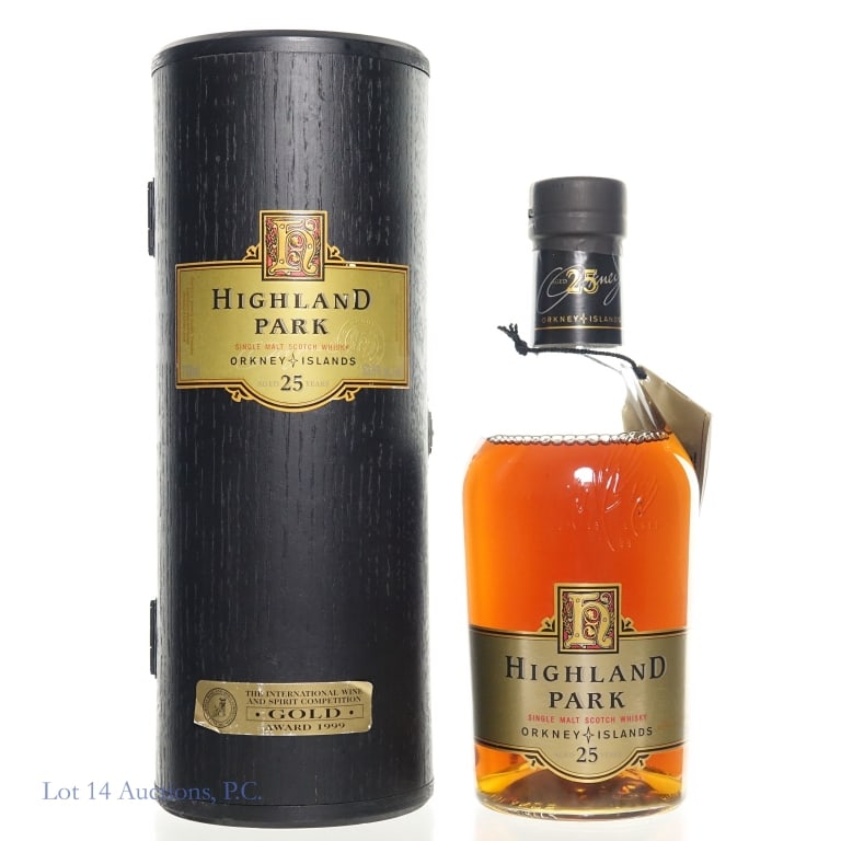 Highland Park 25 Year Single Malt Scotch: Highland Park Single Malt Scotch Whisky. Aged 25 Years. 107 Proof, 750ml. In original wood presentation box. Minor scratches and folds on the box stickers. Very good condition otherwise. 