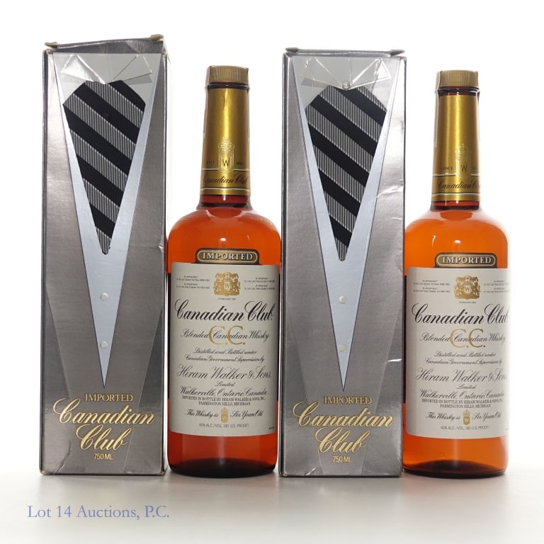 1982 Canadian Club 6 Yr Canadian Whisky (2): Two (2) bottles 1982 Canadian Club Blended Canadian Whisky in original boxes. 80 Proof, 750ml. Canadian tax strip fully intact on both bottles.