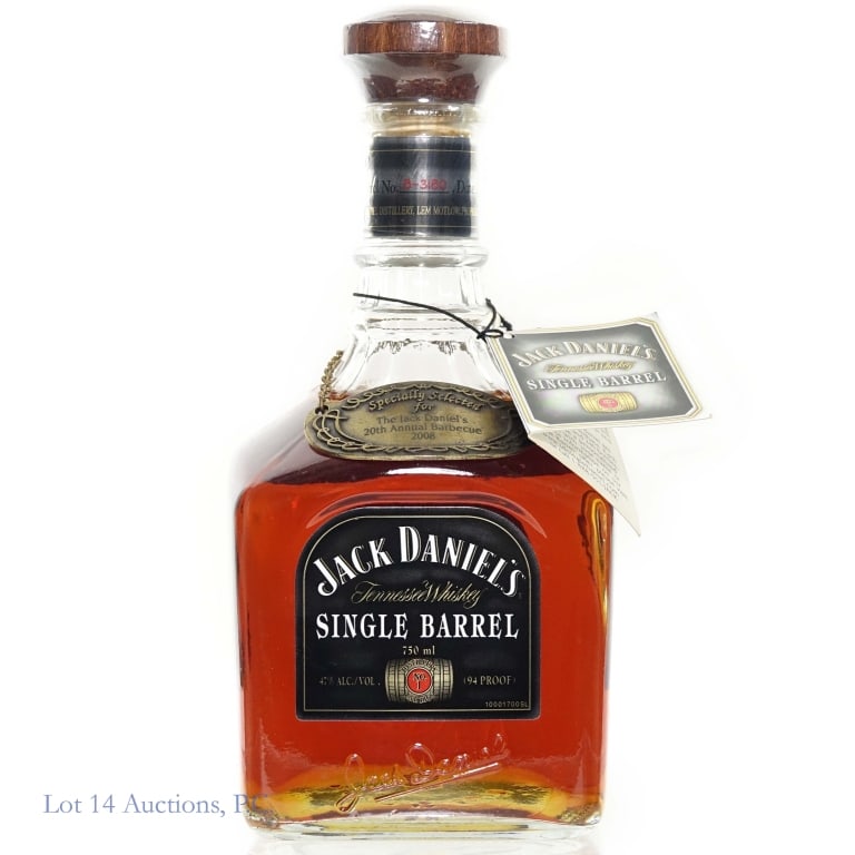 Jack Daniel's Single Barrel Tenn. Whiskey (2008): Jack Daniel's Single Barrel Tennessee Whiskey (2008), 94 Proof, 750 ml, Bottled: 9-8-08, Barrel #8-3180. Metal neck tag included which reads "Specially Selected for The Jack Daniel's 20th Annual Barbe