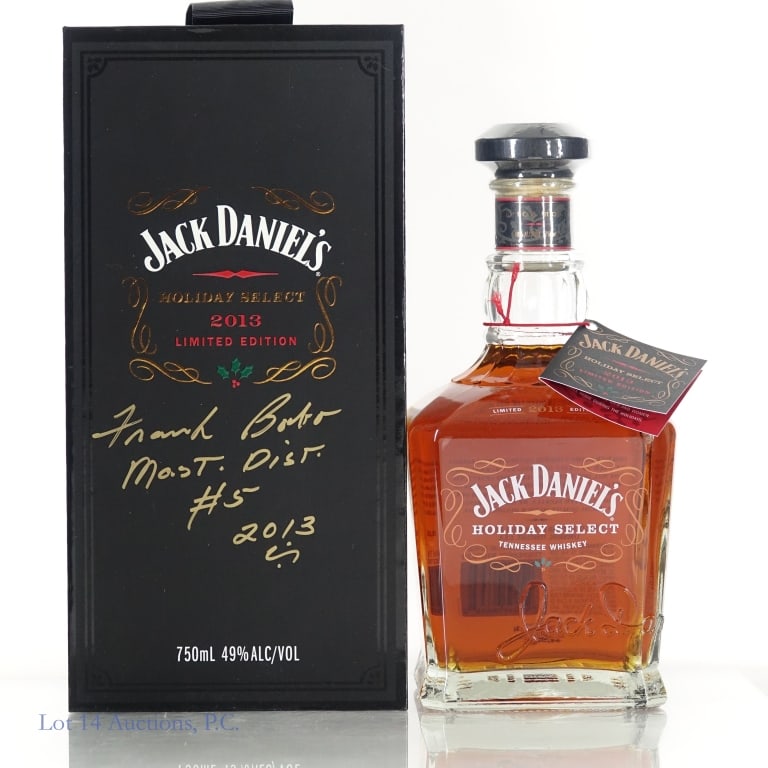 Jack Daniel's Holiday Select Signed Whiskey (2013): Jack Daniel's Holiday Select Limited Edition Tennessee Whiskey (2013), 98 Proof, 750 ml, Bottle #044579. Signed by Master Distiller #5 Frank Bobo on the bottle, inner box and outer box; and