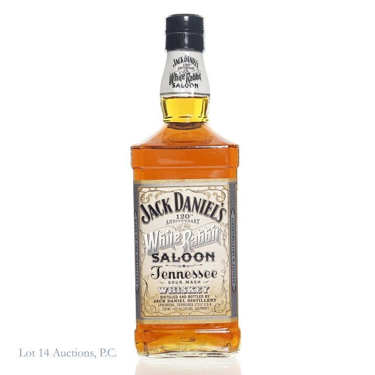 Jack Daniel's White Rabbit Saloon Tenn. Whiskey: Jack Daniel's White Rabbit Saloon Tennessee Whiskey, 86 Proof, 750 ml, 120th Anniversary bottle, Bottle #DE2566.