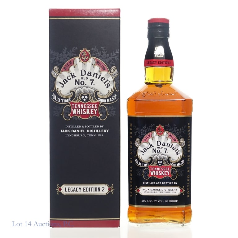 Jack Daniel's Legacy Edition 2 Tenn. Whiskey: Jack Daniel's Legacy Edition 2 Tennessee Whiskey, 86 Proof, 750 ml, Bottle #371834. Bottom of back label peeling, Small nicks on lower front label.