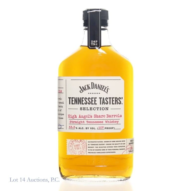 Jack Daniel's TN Tasters High Angel's Whiskey: Jack Daniel's Tennessee Tasters' High Angel's Share Barrels Straight Tennessee Whiskey, 107 Proof, 375 ml, Selection #1, Released: Fall 2018.