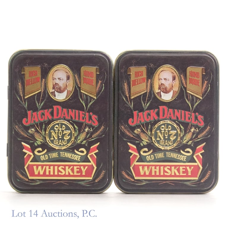 1980s Jack Daniel's Minis In Tin Boxes (2x2x50ml): 1980s Jack Daniel's mini bottle tin gift sets. 2 tin box sets containing 2 50ml bottles each. 90 proof. Tin boxes made by Hudson - Scott & Sons England.