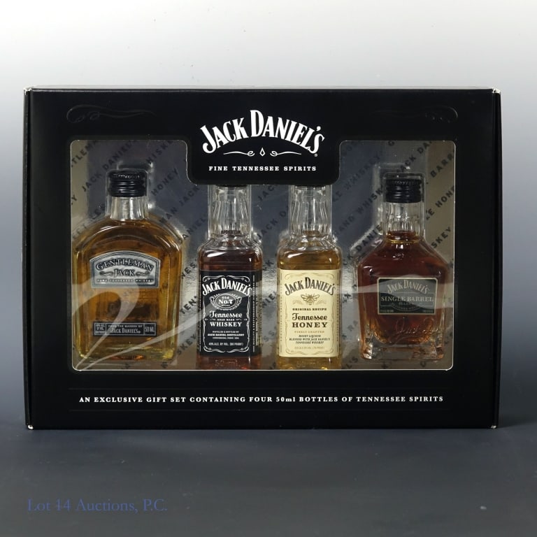 Jack Daniel's Fine Tennessee Spirits Gift Set: Gift set includes 4 individual bottles of Jack Daniel's Whiskey. The first is a Gentleman Jack Rare Tennessee Whiskey, 80 Proof, 50 ml. The second is a Jack Daniel's Tennessee Whiskey, 80 Proof, 50 ml