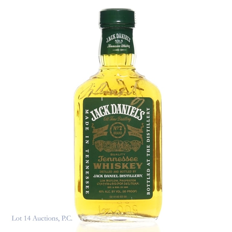 Jack Daniel's Green Label Bobo & Arnett Signed TN Whiskey 200 ml: Jack Daniel's Green Label Tennessee Whiskey, 80 Proof, 200 ml, slight nicks on upper and lower front label. Signed by Master Distillers Frank Bobo and Jeff Arnett